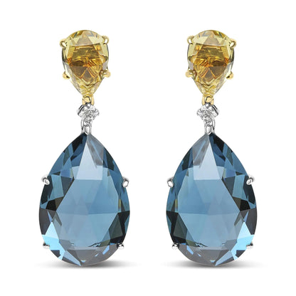 18K White and Yellow Gold 1/5 Cttw Diamond with Pear Cut Lemon Quartz and Pear Cut London Blue Topaz Gemstone Dangle Earring (G-H Color, SI1-SI2 Clarity)